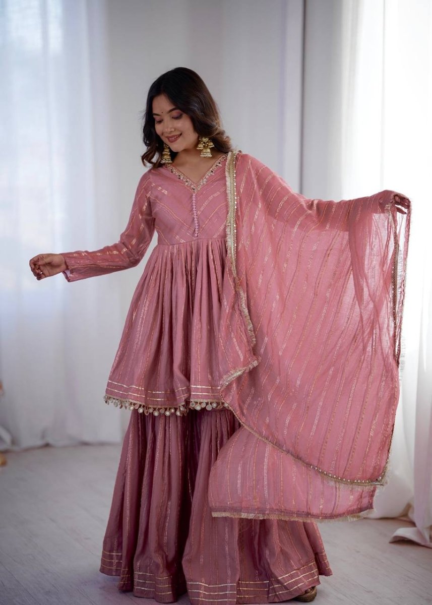 Pink Mal Chanderi Sharara Set with Dupatta | Mirror Work Festive Suit for Women - YASHIFASHION