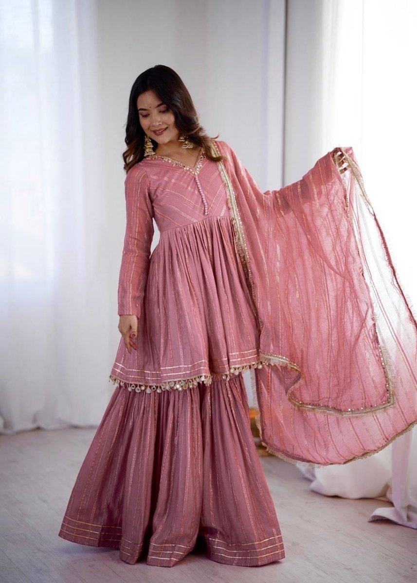 Pink Mal Chanderi Sharara Set with Dupatta | Mirror Work Festive Suit for Women - YASHIFASHION
