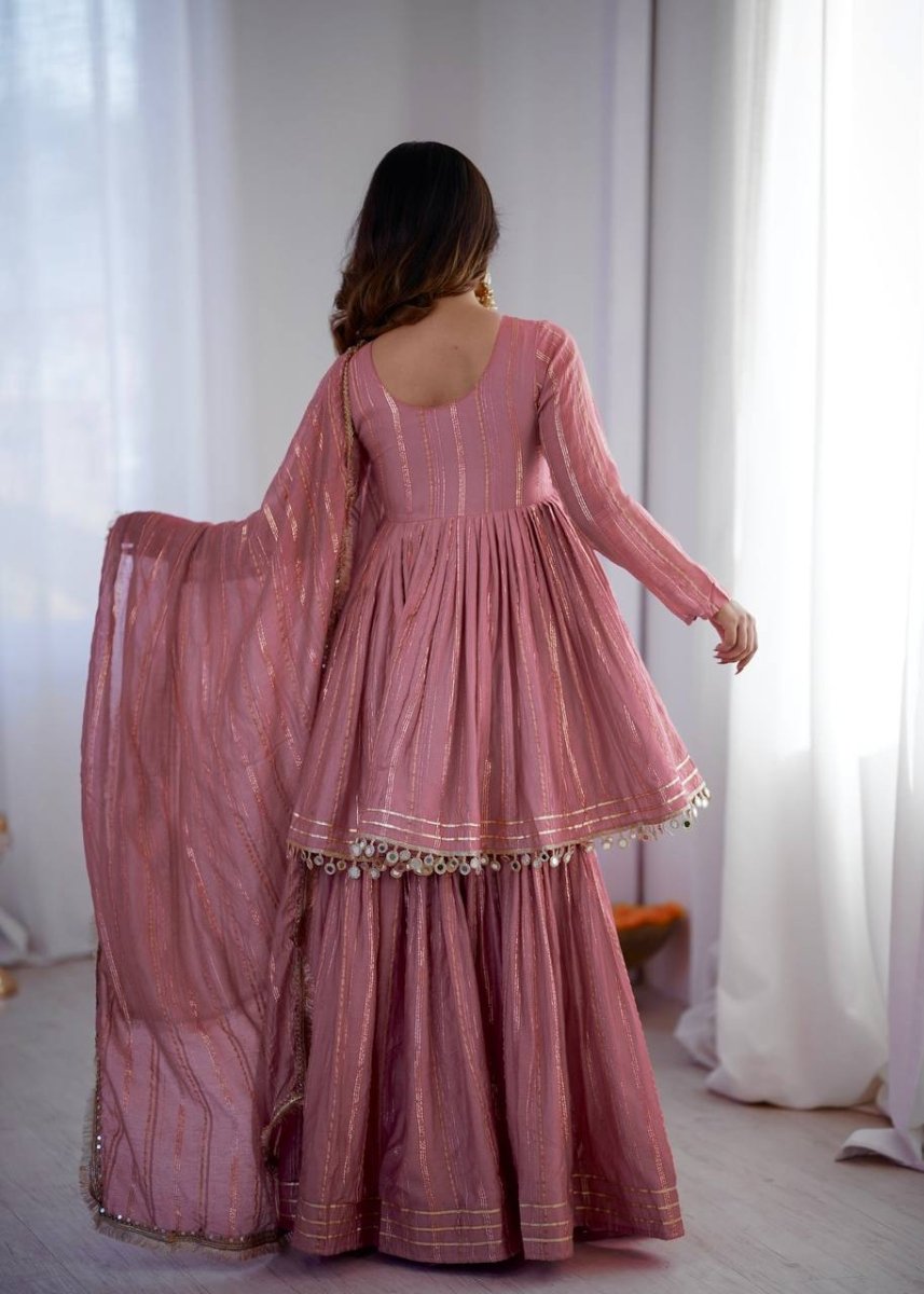 Pink Mal Chanderi Sharara Set with Dupatta | Mirror Work Festive Suit for Women - YASHIFASHION