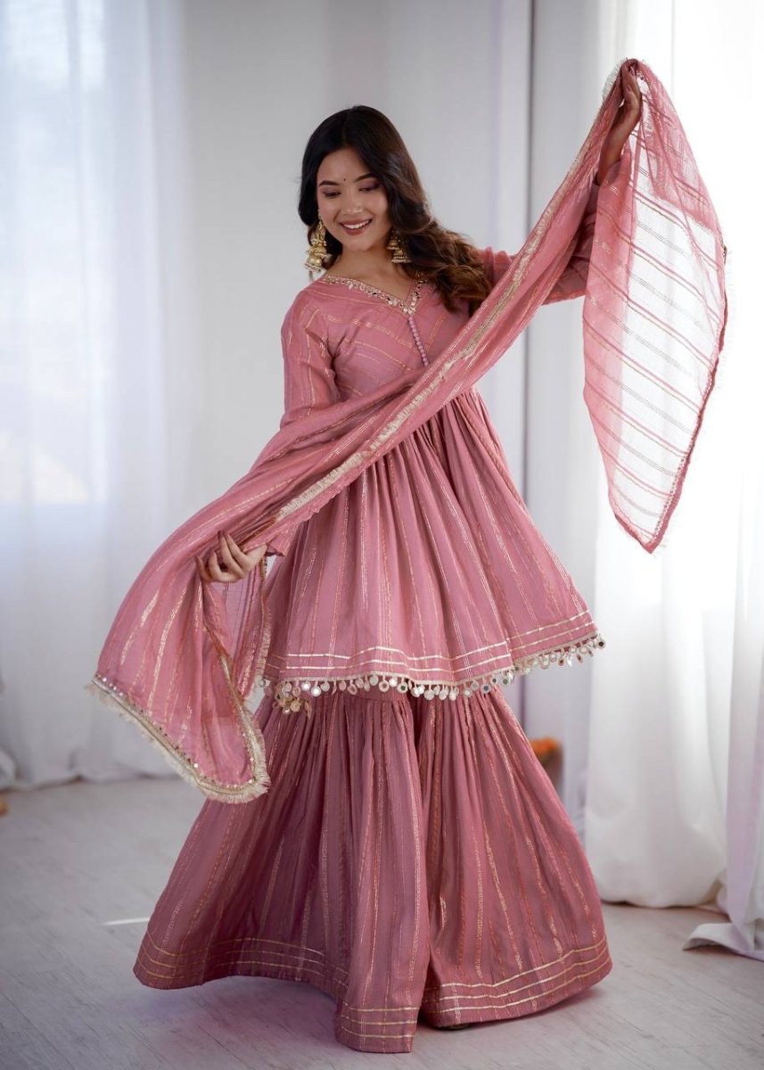Pink Mal Chanderi Sharara Set with Dupatta | Mirror Work Festive Suit for Women - YASHIFASHION