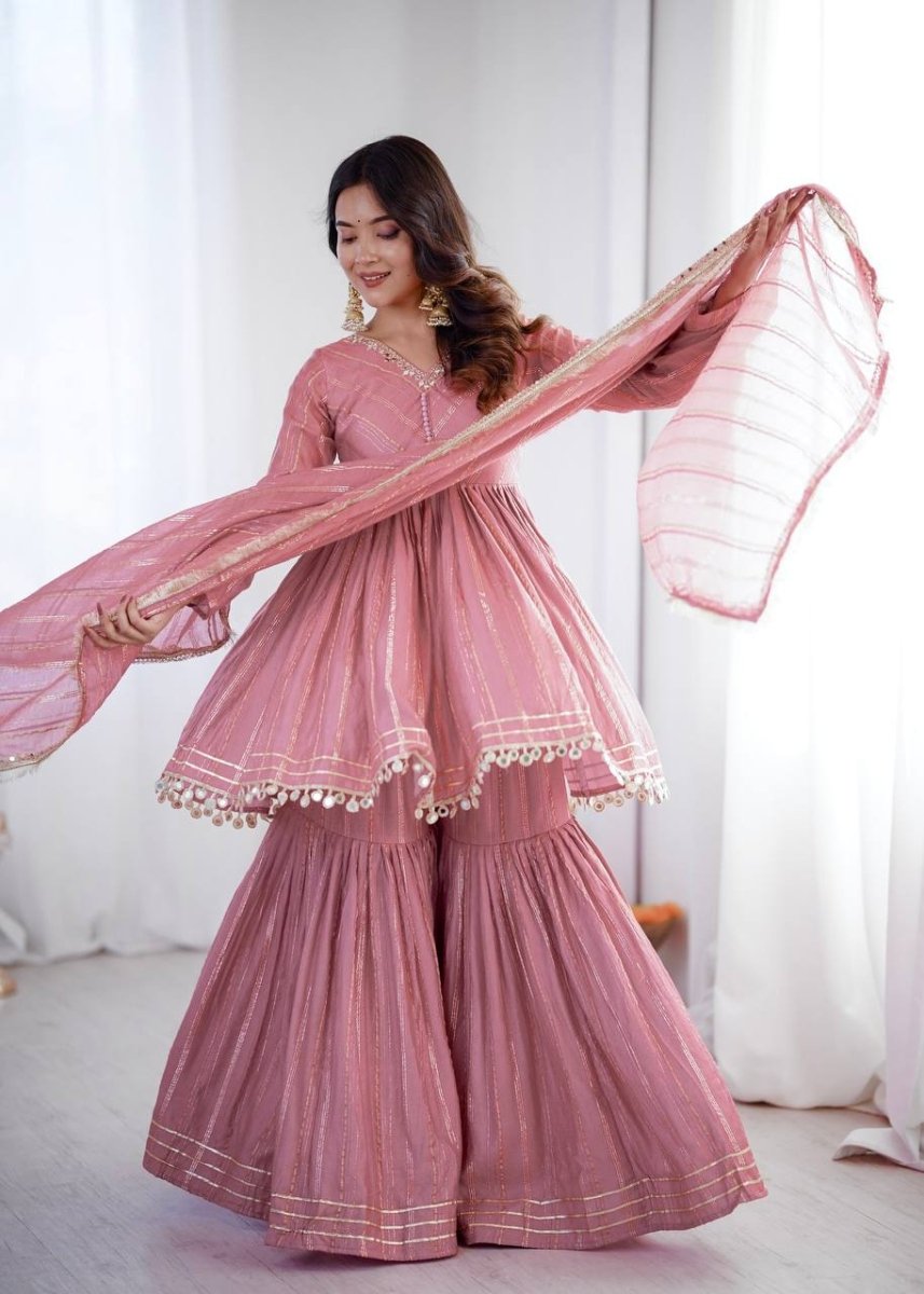 Pink Mal Chanderi Sharara Set with Dupatta | Mirror Work Festive Suit for Women - YASHIFASHION