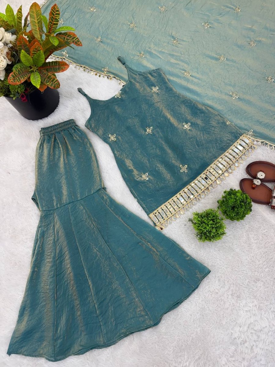 Teal Fendy Silk Sharara Set with Dupatta | Mirror Work Ethnic Wear for Women - YASHIFASHION